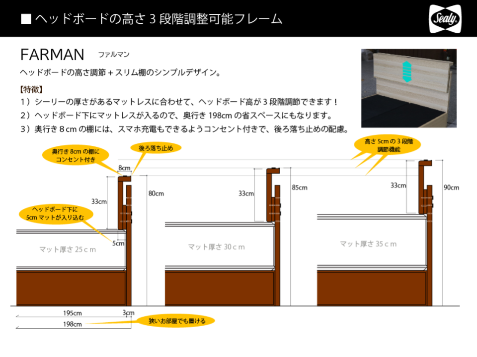 ヘッドボードの高さ3段階調整可能フレーム