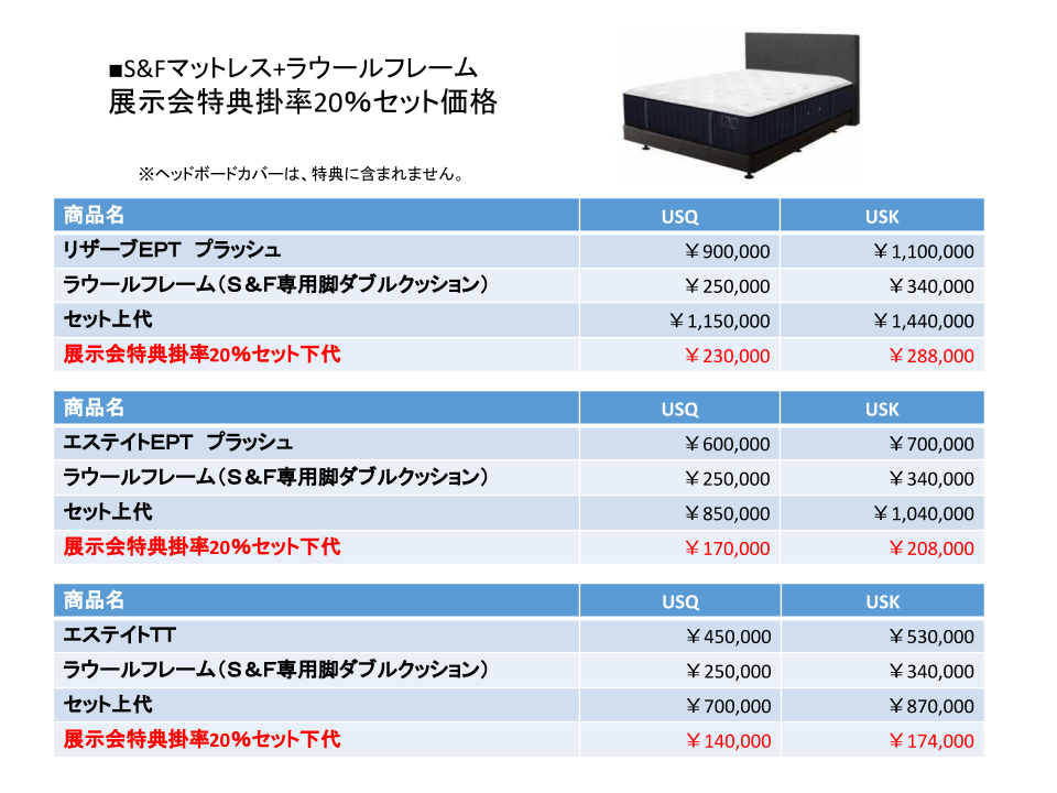 スターンズ&フォスター展示会特典価格表